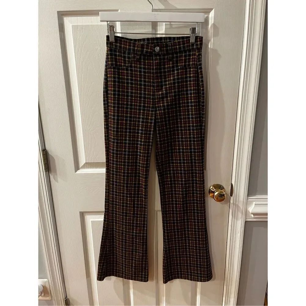 American Eagle Pink & Gold Plaid Flare Leg Pants sz 2 EUC
